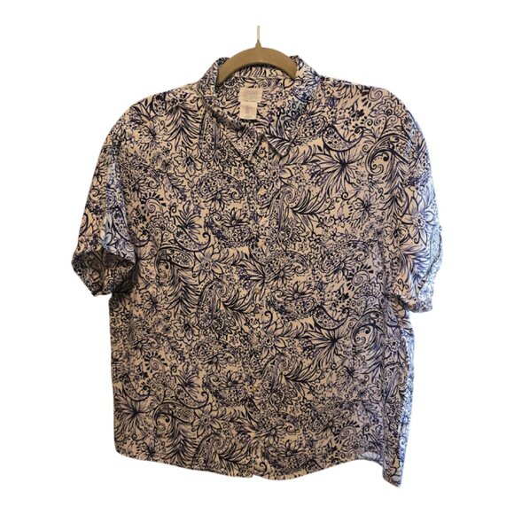 SIGRID OLSEN 100% LINEN TOP SIZE LARGE NAVY WHITE FLORAL PRINT LIGHTWEIGHT - Picture 1 of 7